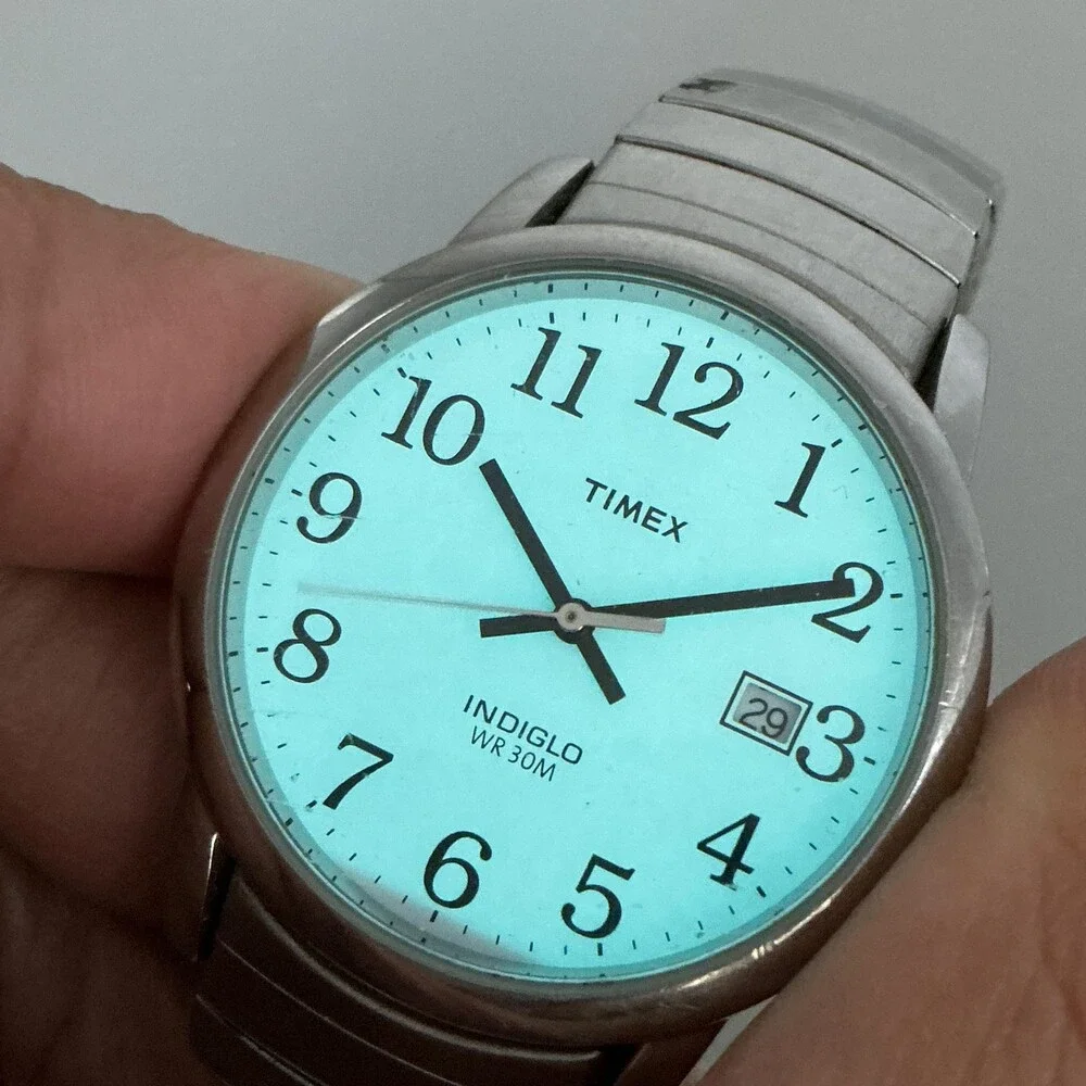 Timex Indiglo Mens Watch 35mm White Dial Silver Tone Stretch Date New Battery